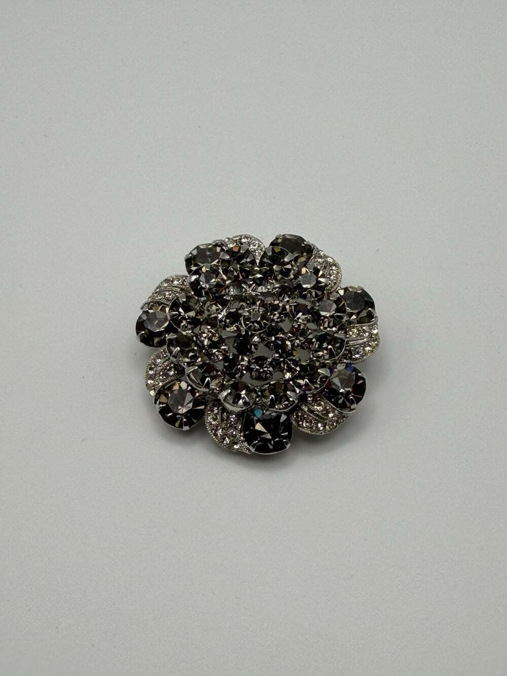 Signed Weiss Floral Brooch Smoky Gray Black Diamond Rhinestone Statement Pin